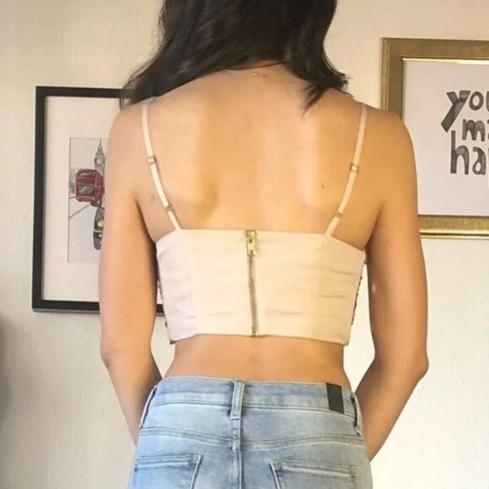 Champagne Color Crop Top w/ Sequence Adjustable Straps Festival Knight Out Top - Picture 3 of 6